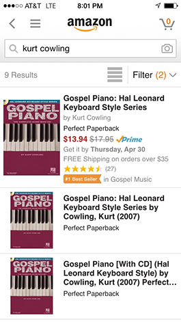 This is a screen shot of Amazon.com's mobile site when my book, Gospel Piano, was the number one seller in Gospel Music